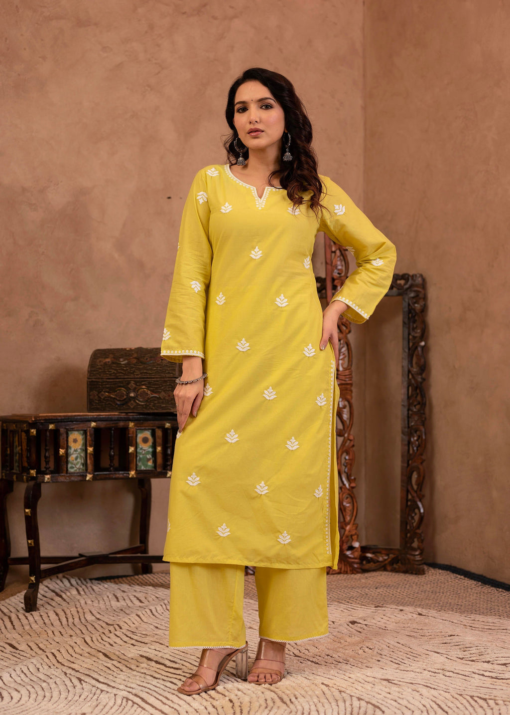 Juniper Lime Yellow Floral Embroidered Cotton Kurta with Palazzo & Lace Work