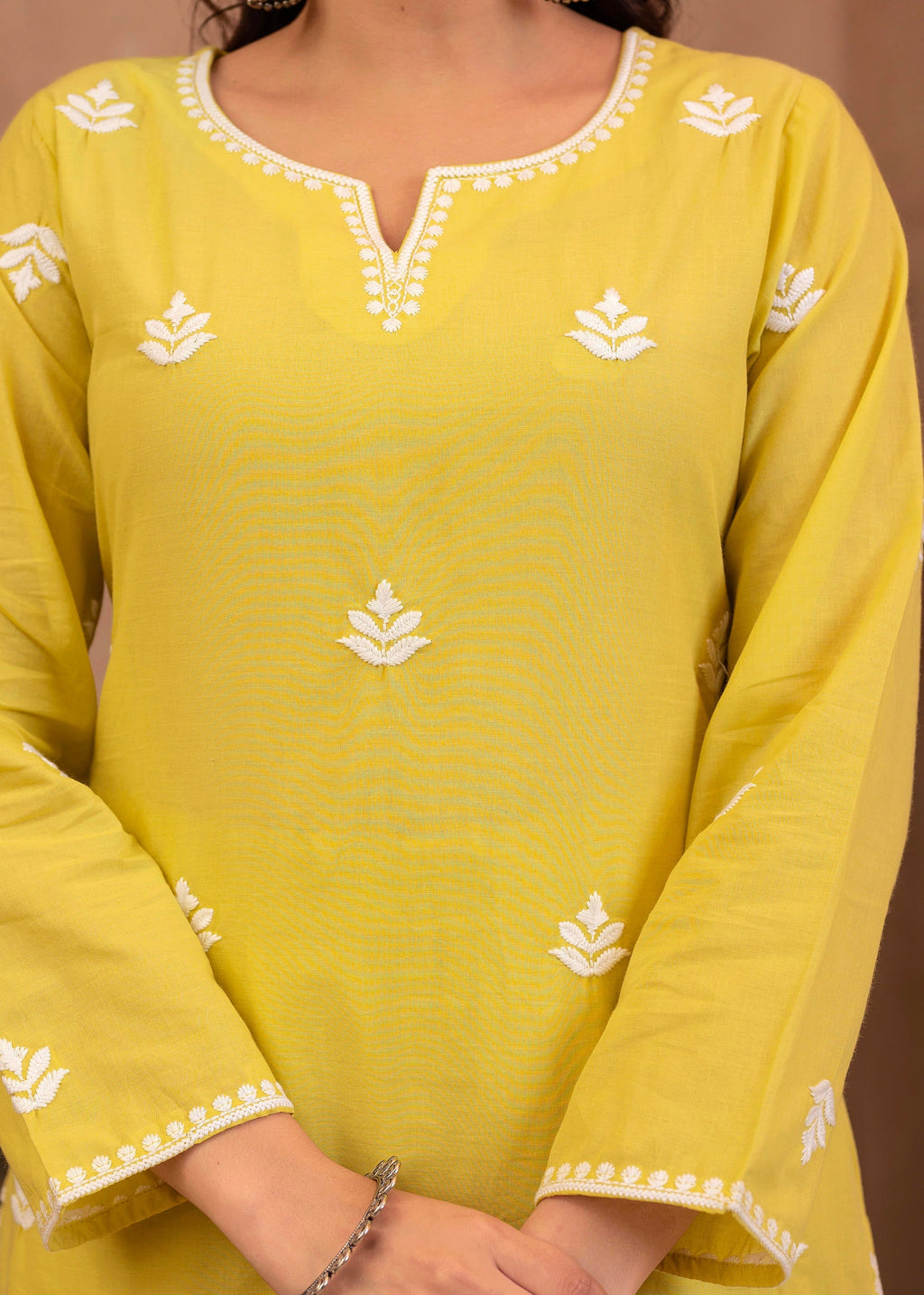 Juniper Lime Yellow Floral Embroidered Cotton Kurta with Palazzo & Lace Work