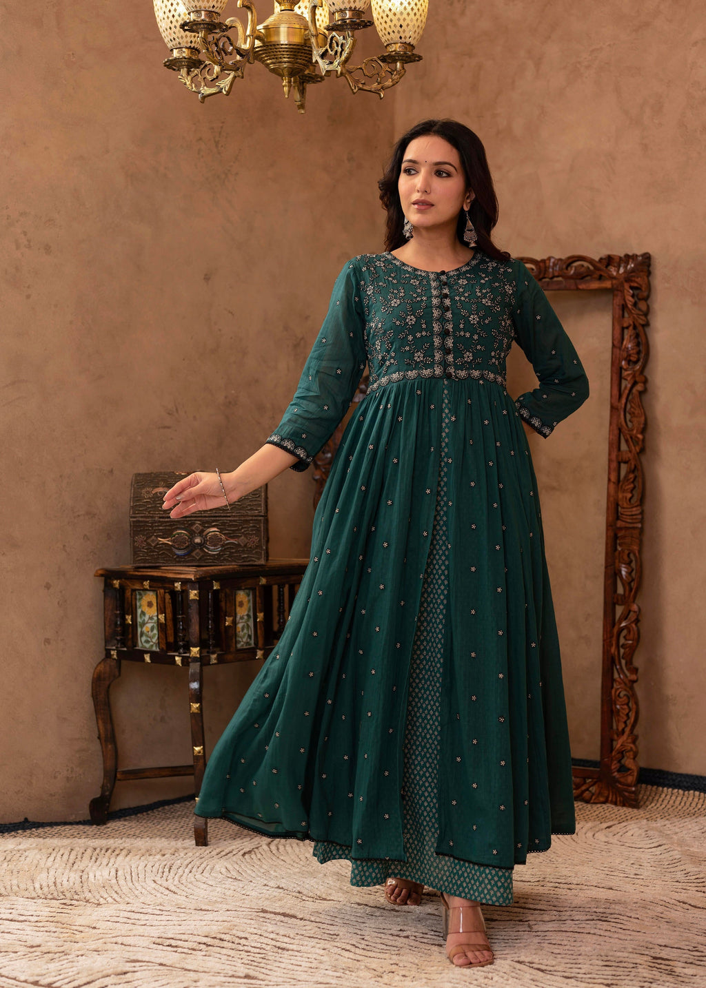 Juniper Green Floral Embroidered Cotton Dress with Button Details - Distacart