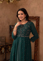 Juniper Green Floral Embroidered Cotton Dress with Button Details - Distacart