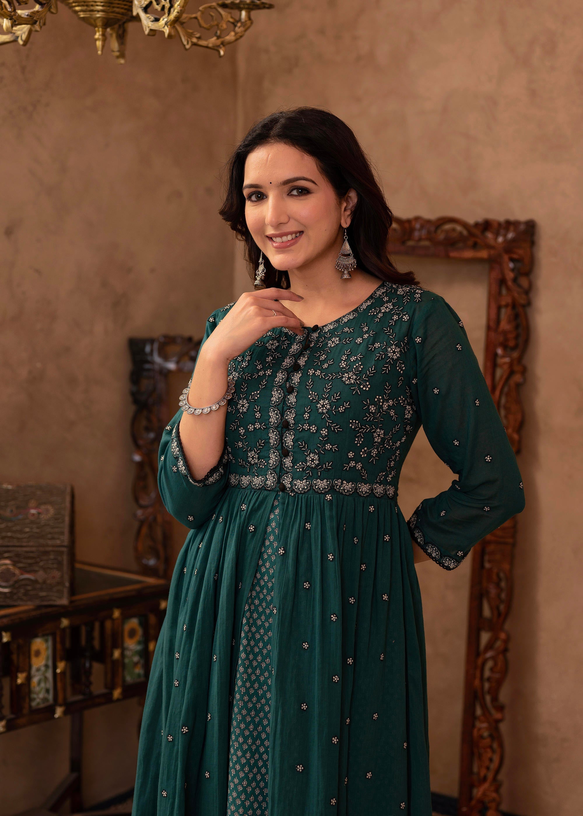 Juniper Green Floral Embroidered Cotton Dress with Button Details - Distacart