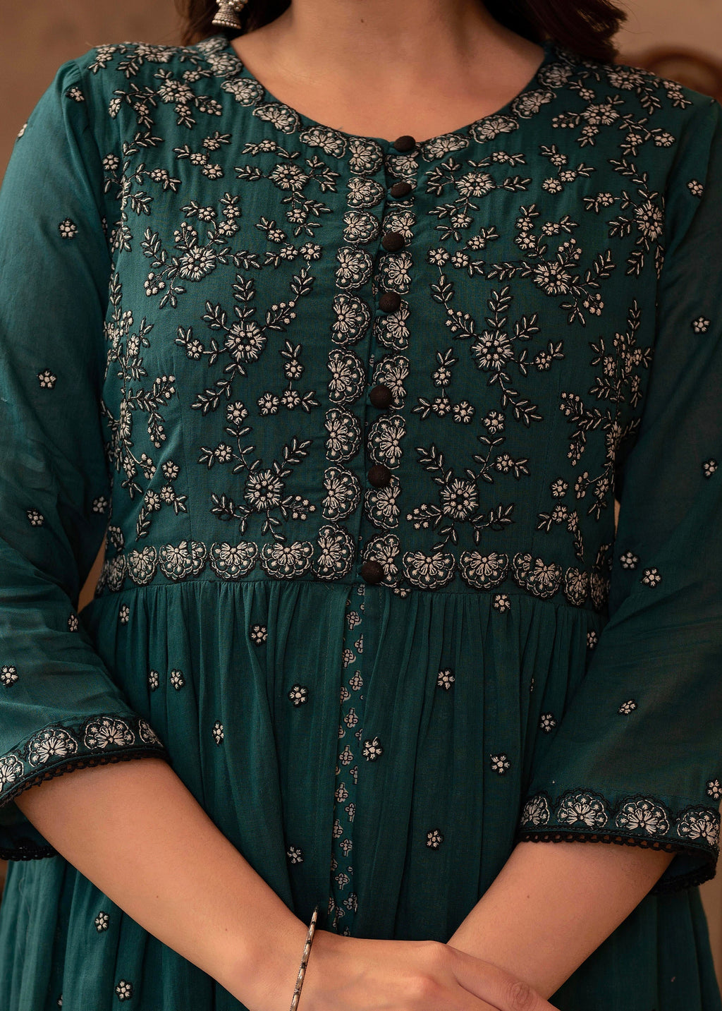 Juniper Green Floral Embroidered Cotton Dress with Button Details - Distacart