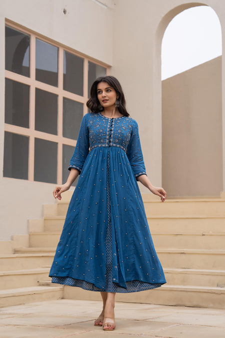 Juniper Indigo Floral Embroidered Cotton Dress with Button Closure & Cotton Lace