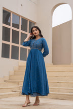 Juniper Indigo Floral Embroidered Cotton Dress with Button Closure & Cotton Lace - Distacart