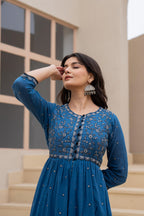 Juniper Indigo Floral Embroidered Cotton Dress with Button Closure & Cotton Lace - Distacart