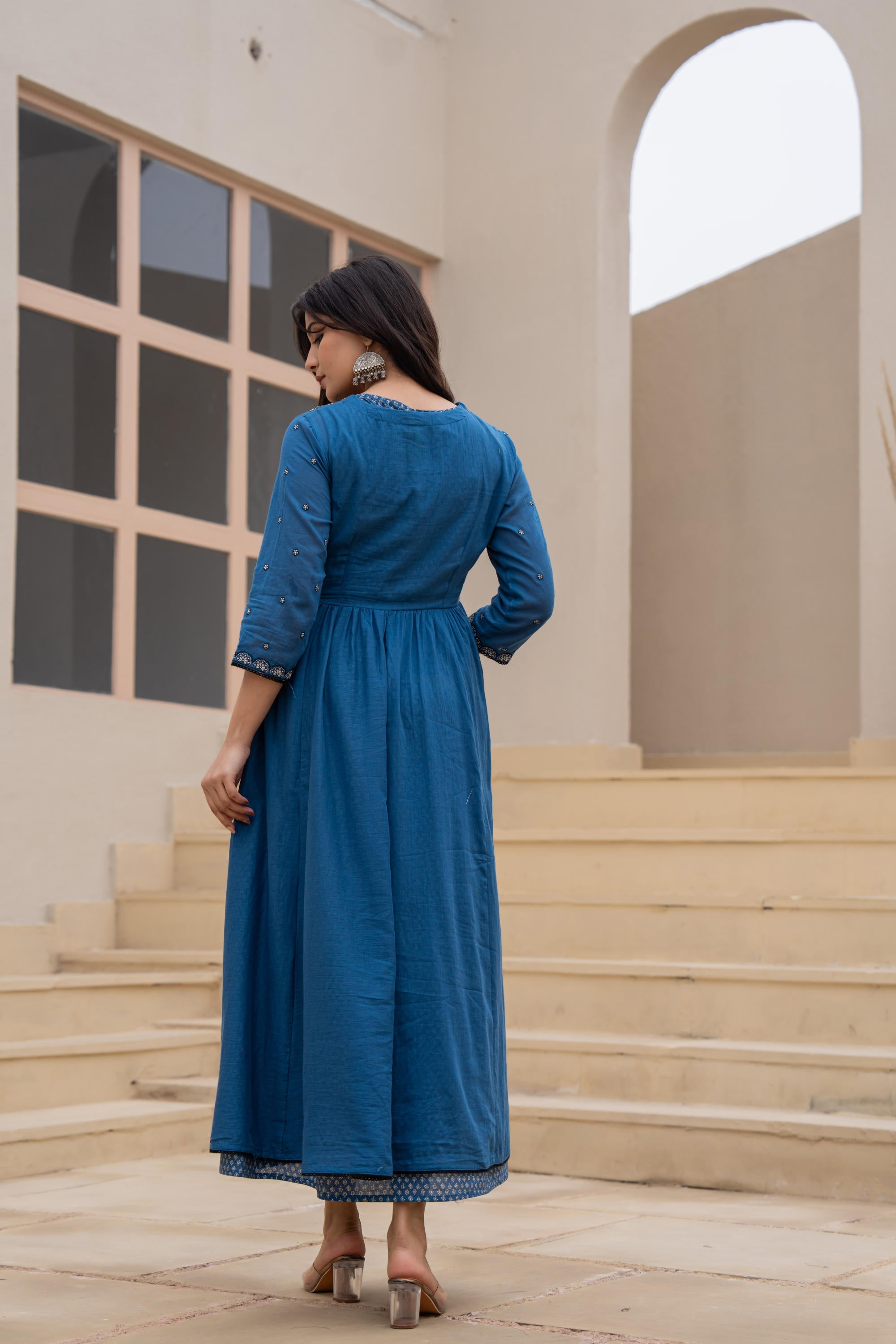 Juniper Indigo Floral Embroidered Cotton Dress with Button Closure & Cotton Lace - Distacart