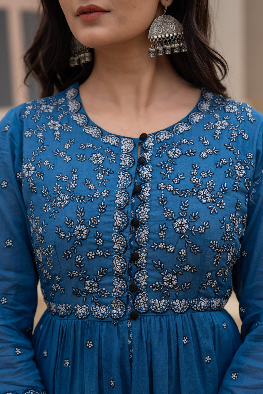 Juniper Indigo Floral Embroidered Cotton Dress with Button Closure & Cotton Lace - Distacart