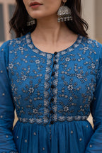 Juniper Indigo Floral Embroidered Cotton Dress with Button Closure & Cotton Lace - Distacart