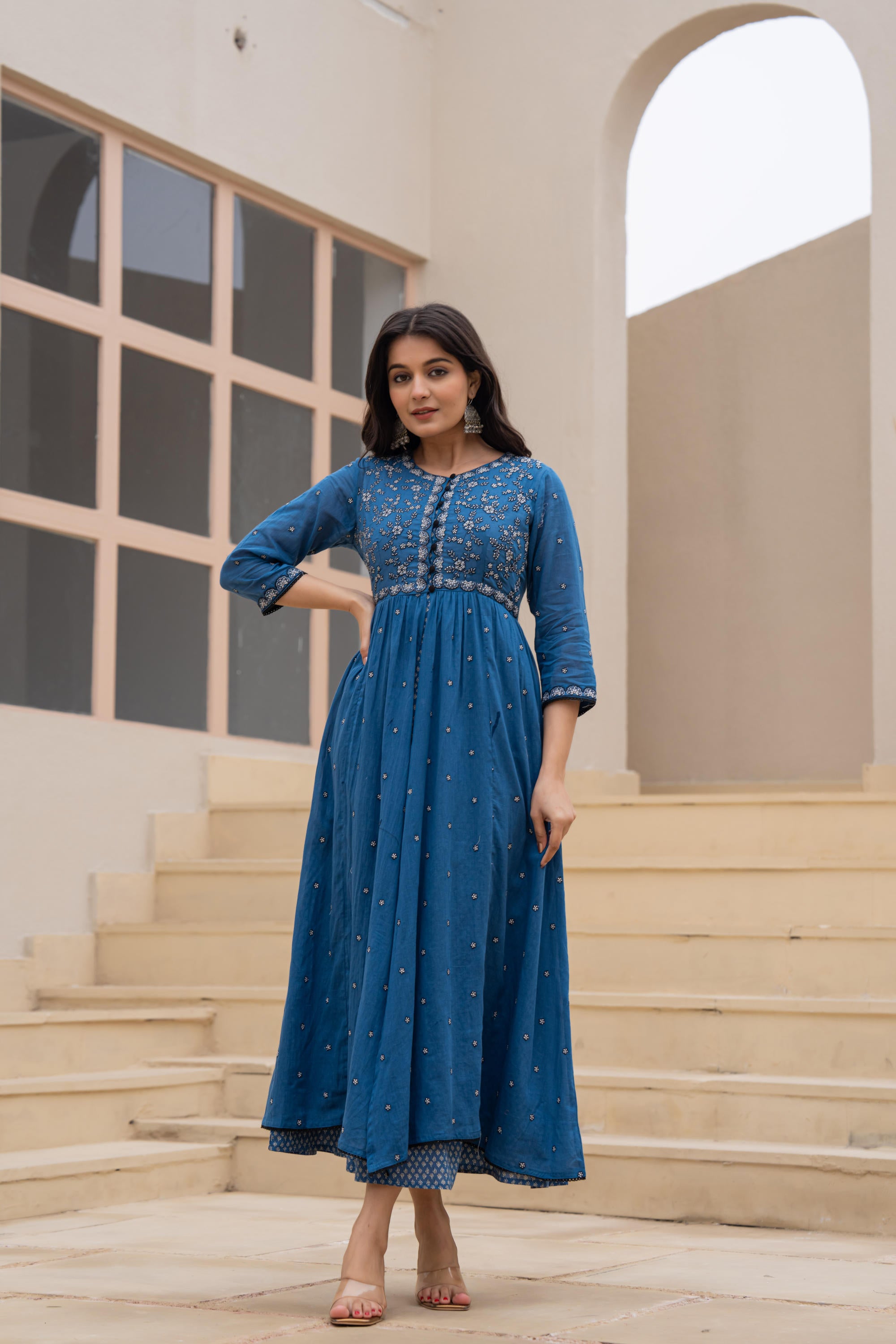 Juniper Indigo Floral Embroidered Cotton Dress with Button Closure & Cotton Lace - Distacart