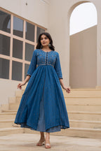 Juniper Indigo Floral Embroidered Cotton Dress with Button Closure & Cotton Lace - Distacart