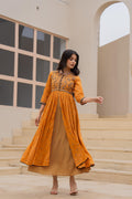 Juniper Mustard Floral Embroidered Cotton Dress With Button Closure & Cotton Lace - Distacart