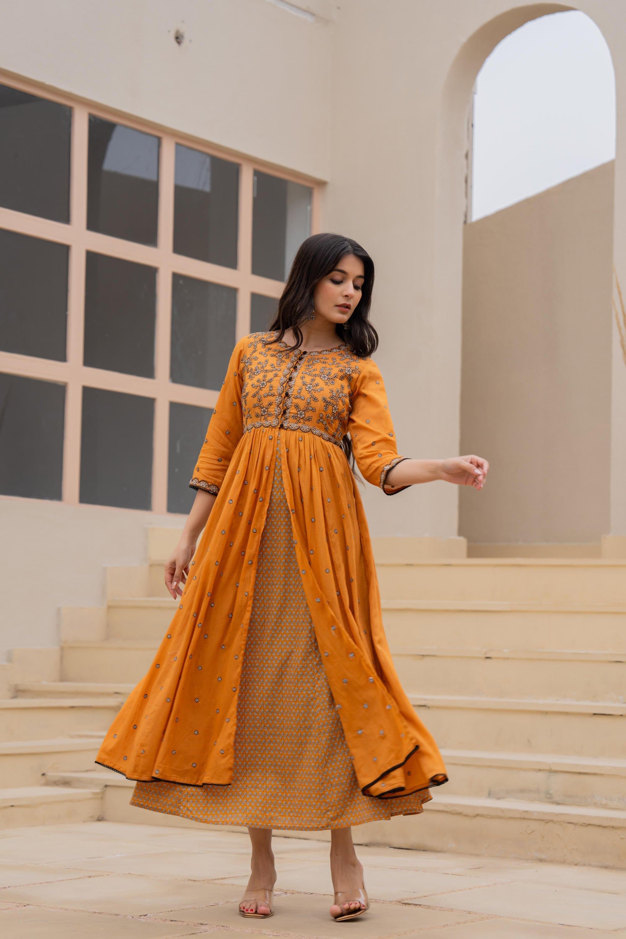 Juniper Mustard Floral Embroidered Cotton Dress With Button Closure & Cotton Lace - Distacart