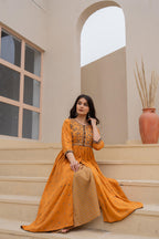 Juniper Mustard Floral Embroidered Cotton Dress with Button Closure & Cotton Lace - Distacart