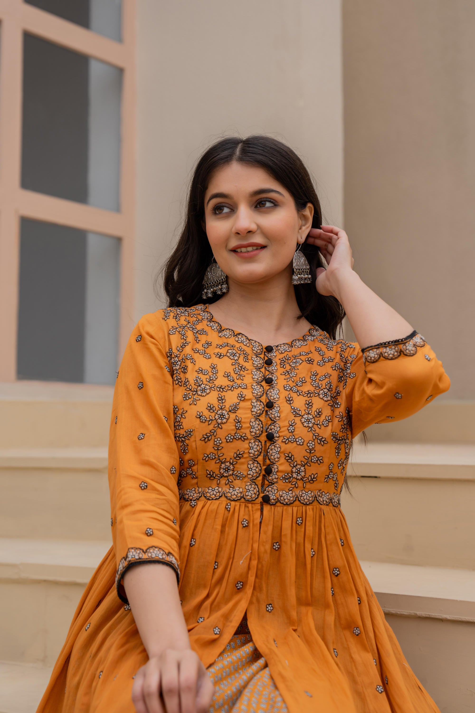 Juniper Mustard Floral Embroidered Cotton Dress with Button Closure & Cotton Lace - Distacart