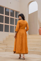 Juniper Mustard Floral Embroidered Cotton Dress with Button Closure & Cotton Lace - Distacart