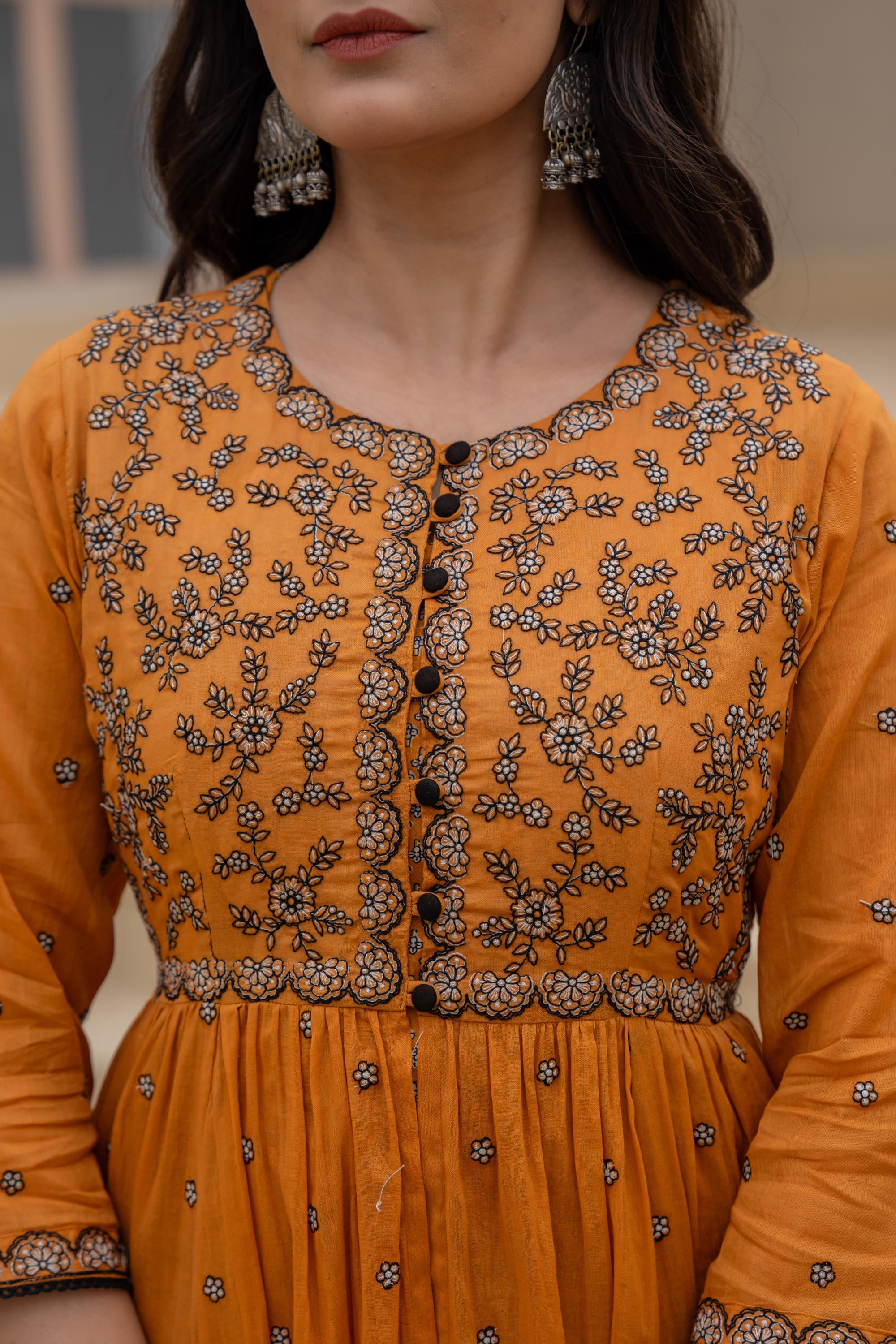 Juniper Mustard Floral Embroidered Cotton Dress with Button Closure & Cotton Lace - Distacart