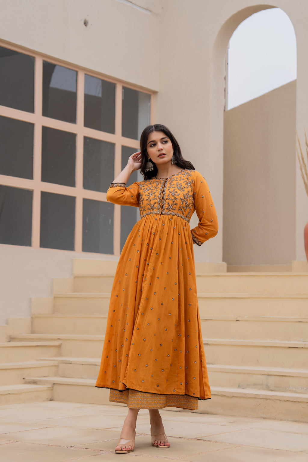 Juniper Mustard Floral Embroidered Cotton Dress with Button Closure & Cotton Lace - Distacart