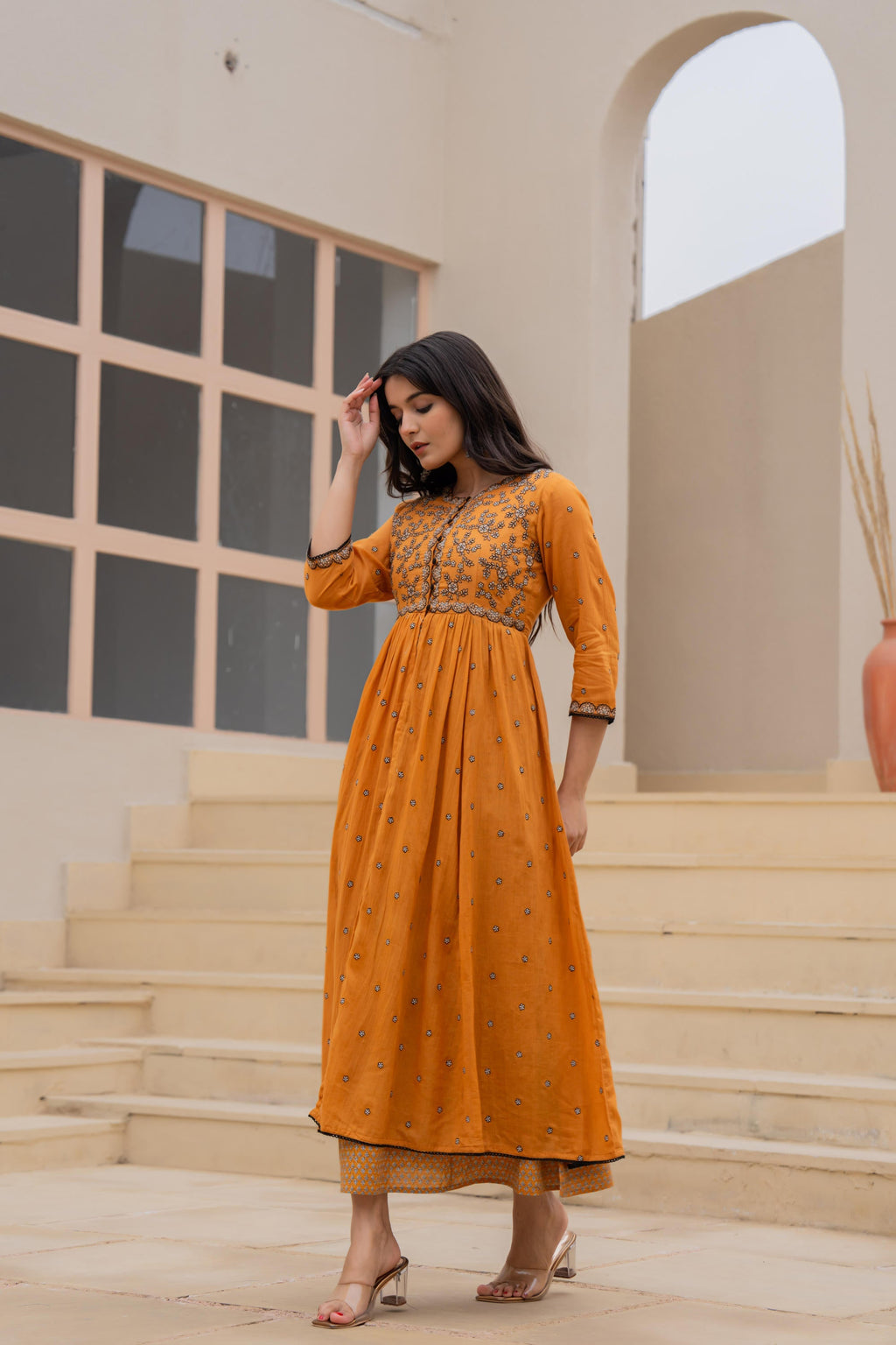 Juniper Mustard Floral Embroidered Cotton Dress with Button Closure & Cotton Lace - Distacart