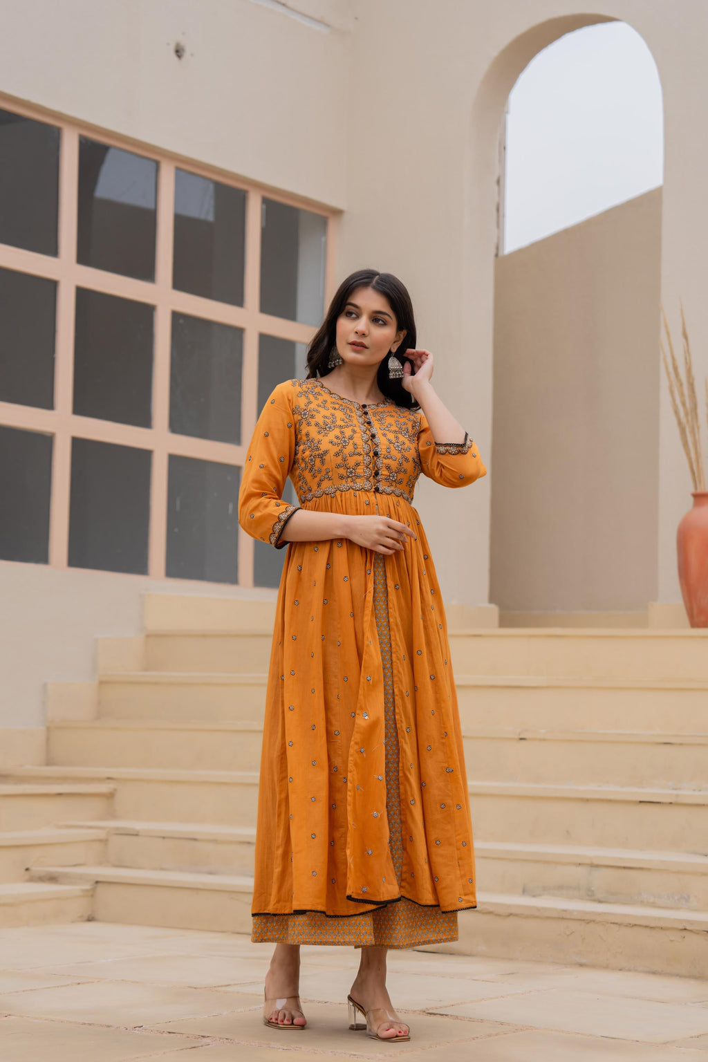 Juniper Mustard Floral Embroidered Cotton Dress with Button Closure & Cotton Lace - Distacart