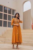 Juniper Mustard Floral Embroidered Cotton Dress with Button Closure & Cotton Lace - Distacart