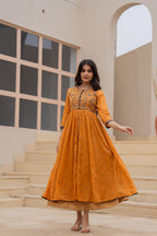 Juniper Mustard Floral Embroidered Cotton Dress with Button Closure & Cotton Lace - Distacart
