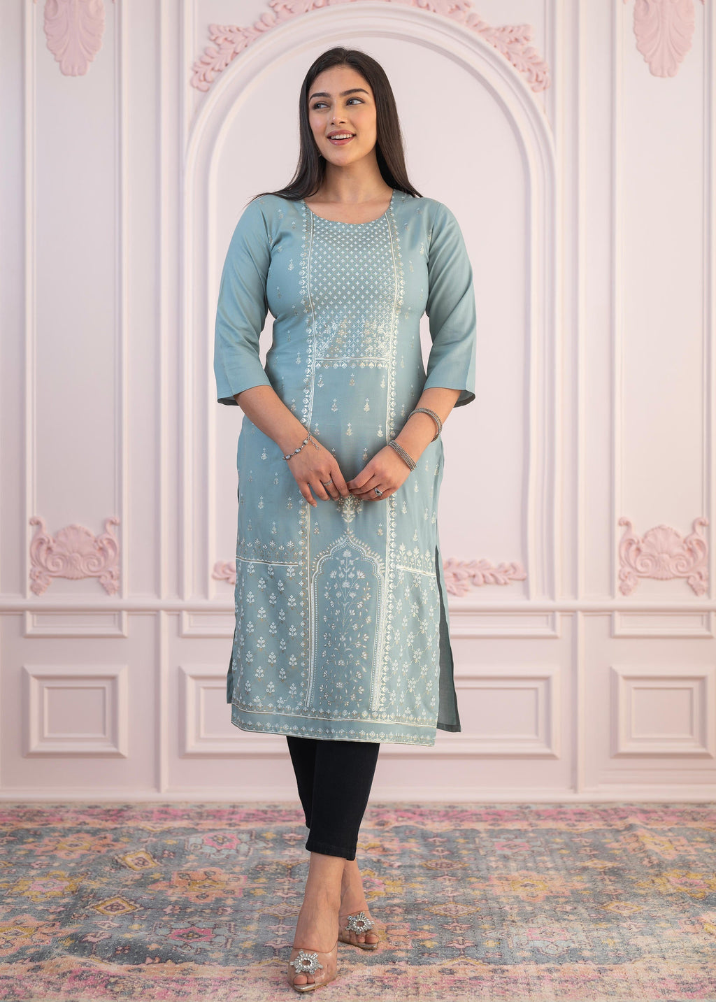Juniper Mint Printed Viscose Straight Fit Kurta - Distacart