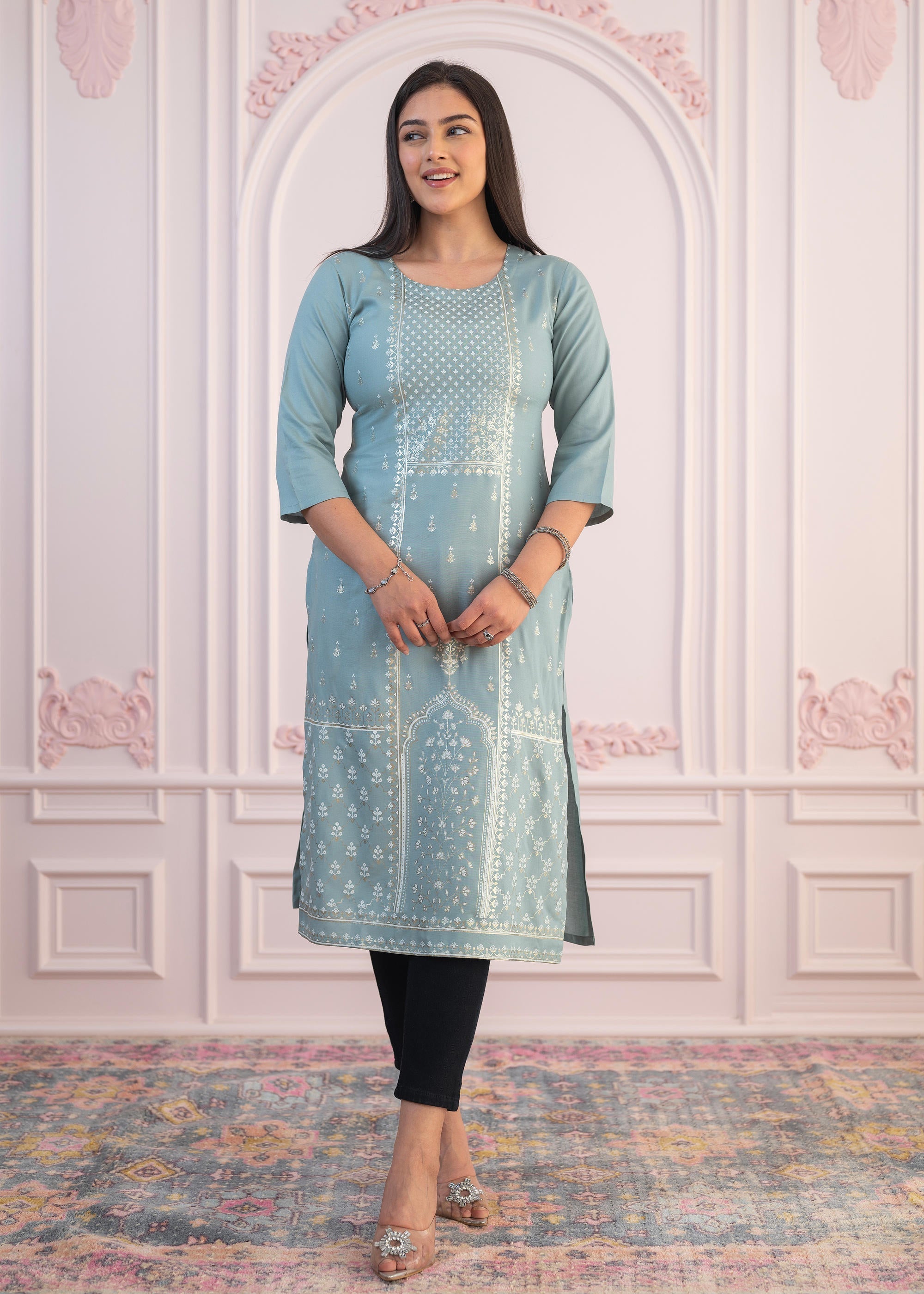 Juniper Mint Printed Viscose Straight Fit Kurta - Distacart