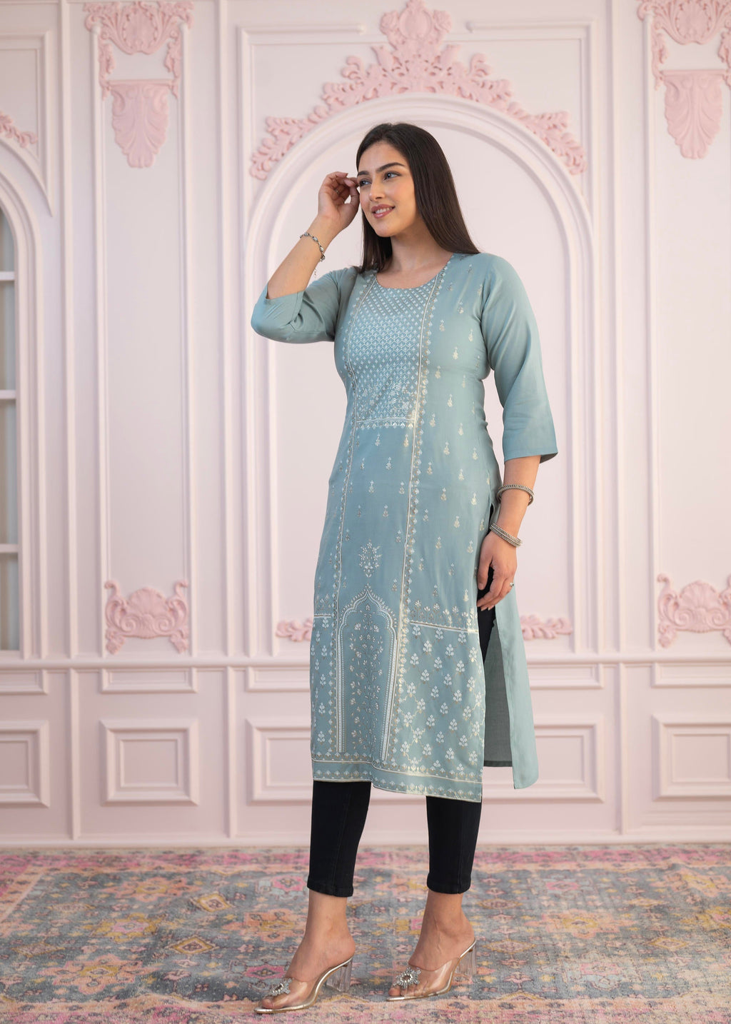 Juniper Mint Printed Viscose Straight Fit Kurta - Distacart