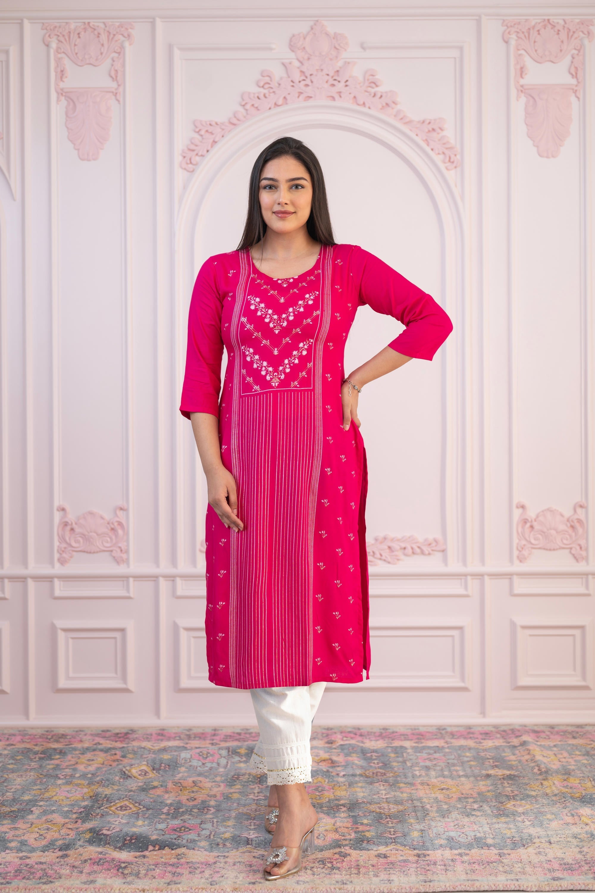Juniper Fuchsia Printed Viscose Straight Fit Kurta With Round Neck - Distacart