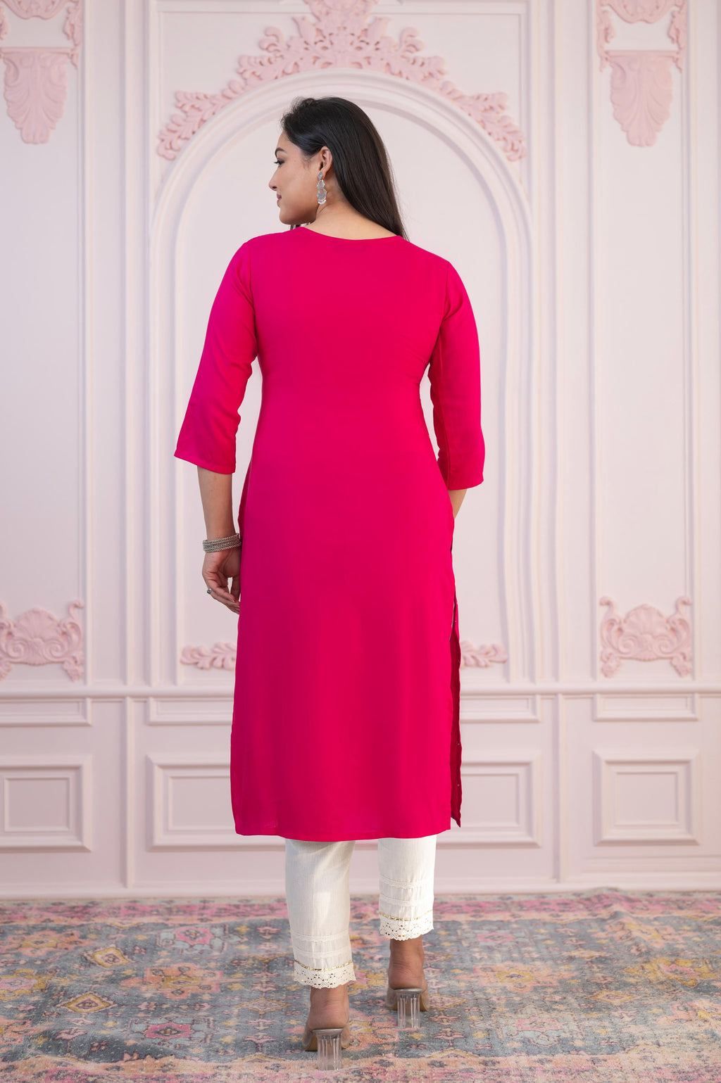 Juniper Fuchsia Printed Viscose Straight Fit Kurta With Round Neck - Distacart