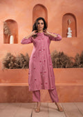 Juniper Pink Olive embroiderd kurta and solid bottom with cotton lace - Distacart