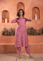 Juniper Pink Olive embroiderd kurta and solid bottom with cotton lace - Distacart