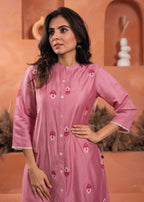 Juniper Pink Olive embroiderd kurta and solid bottom with cotton lace - Distacart