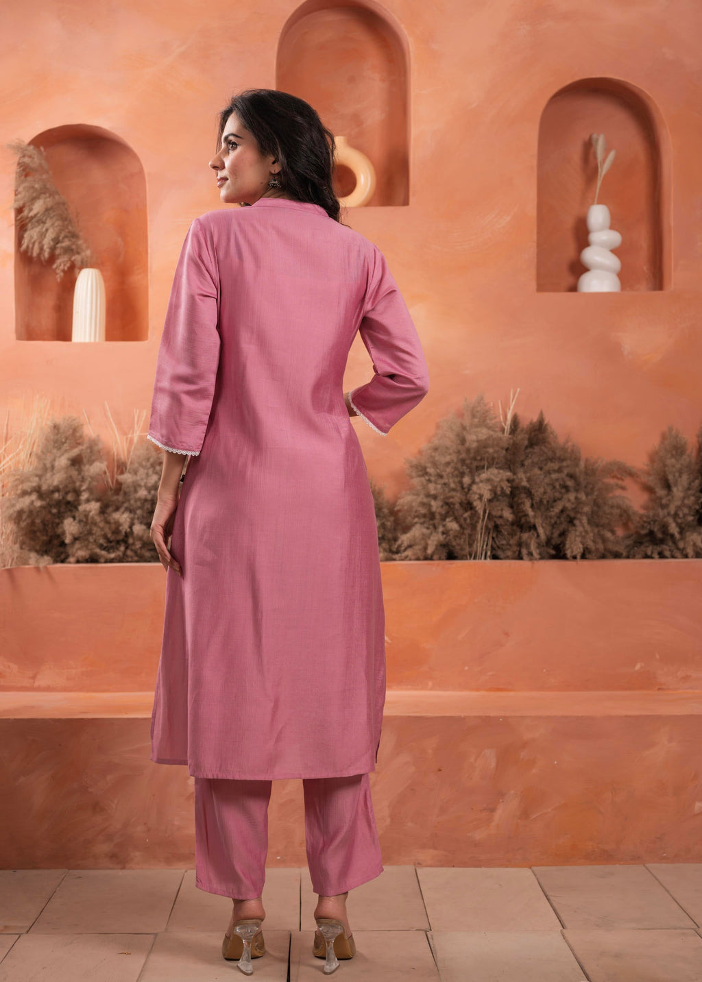 Juniper Pink Olive embroiderd kurta and solid bottom with cotton lace - Distacart