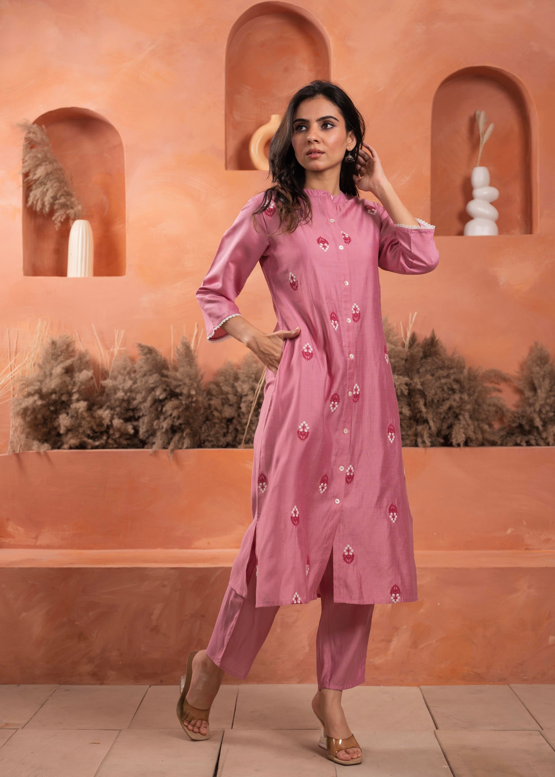 Juniper Pink Olive embroiderd kurta and solid bottom with cotton lace - Distacart