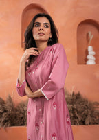 Juniper Pink Olive embroiderd kurta and solid bottom with cotton lace - Distacart