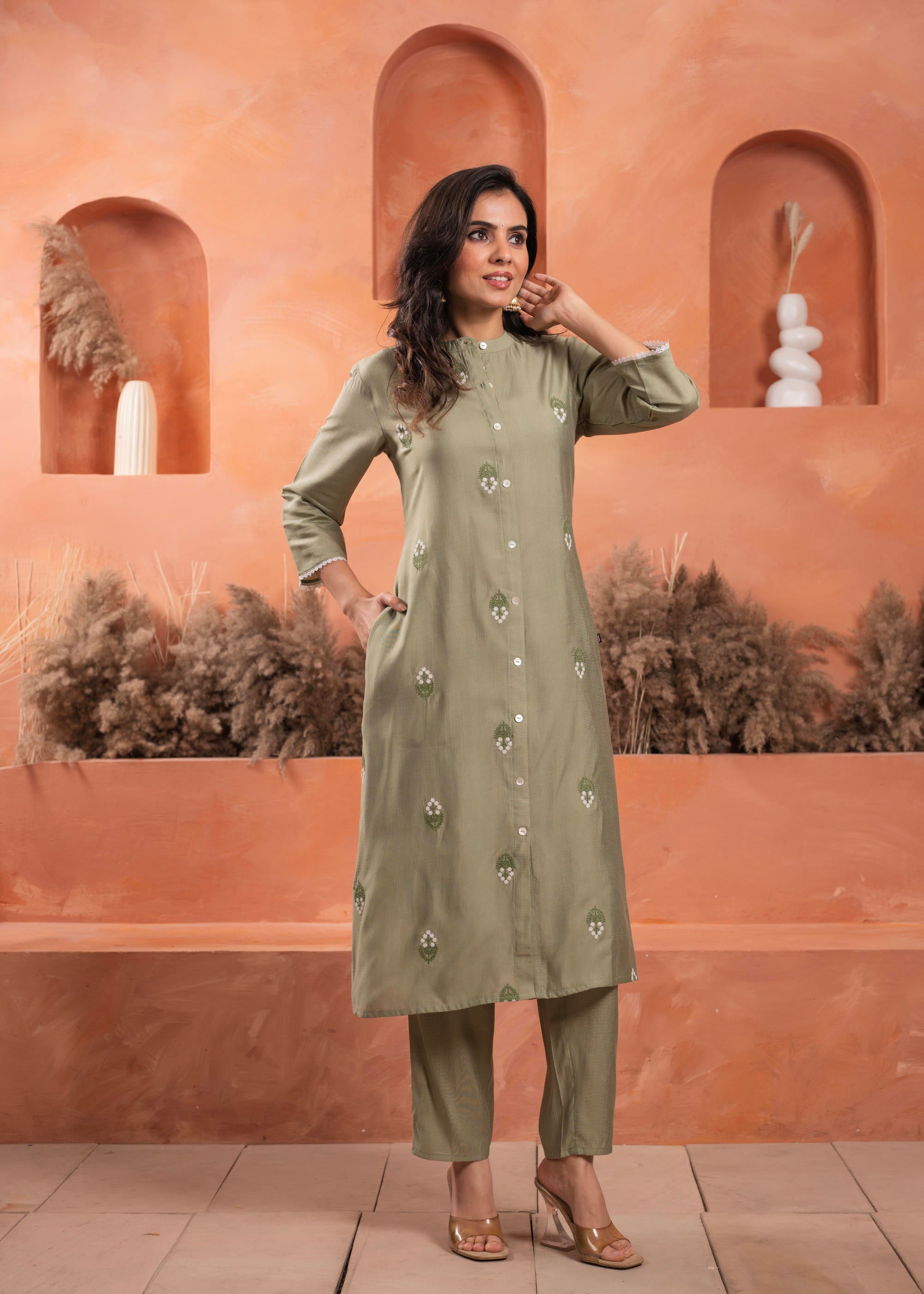 Juniper Olive embroiderd kurta and solid bottom with cotton lace and buttons