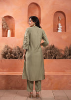 Juniper Olive embroiderd kurta and solid bottom with cotton lace and buttons