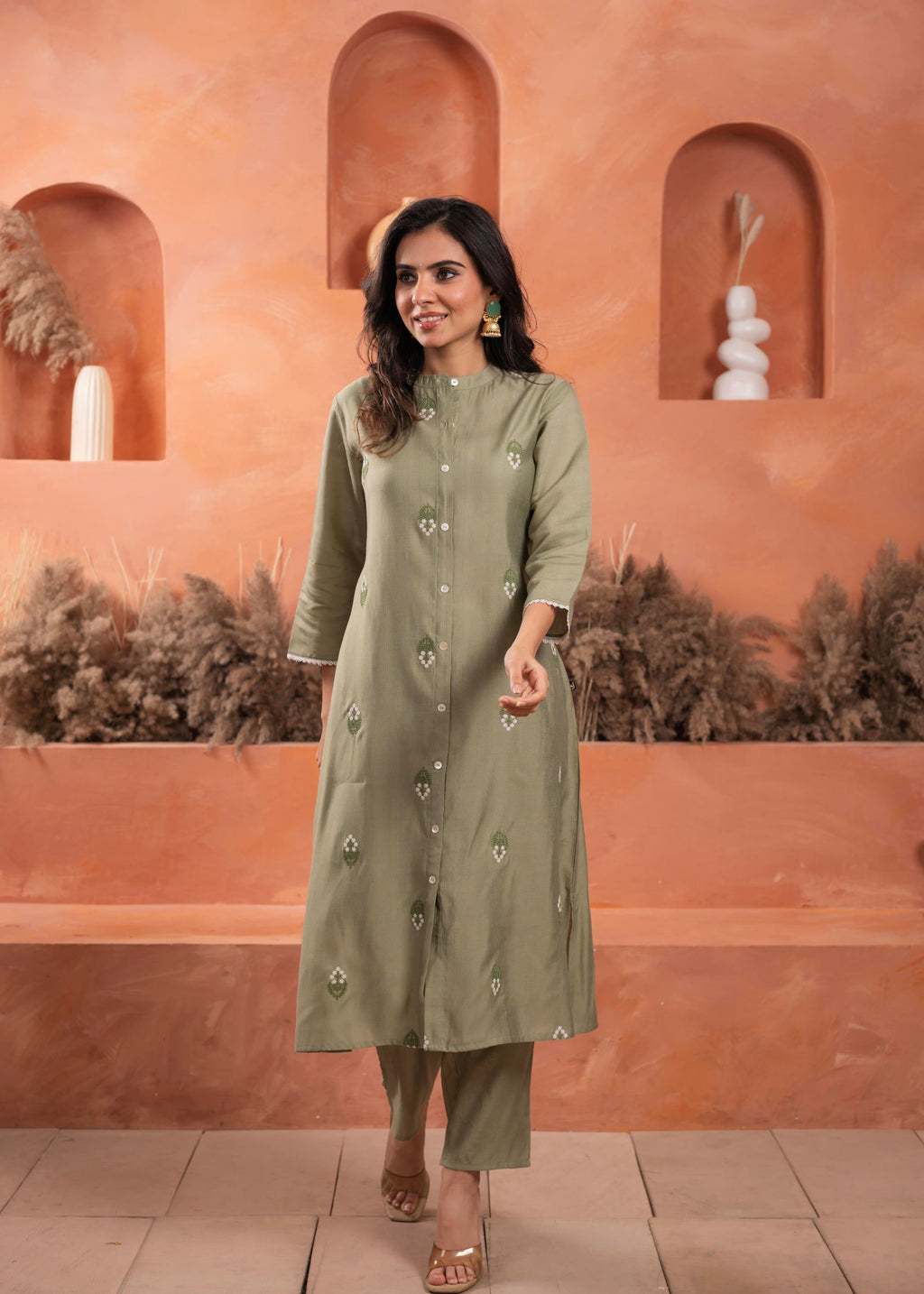 Juniper Olive embroiderd kurta and solid bottom with cotton lace and buttons