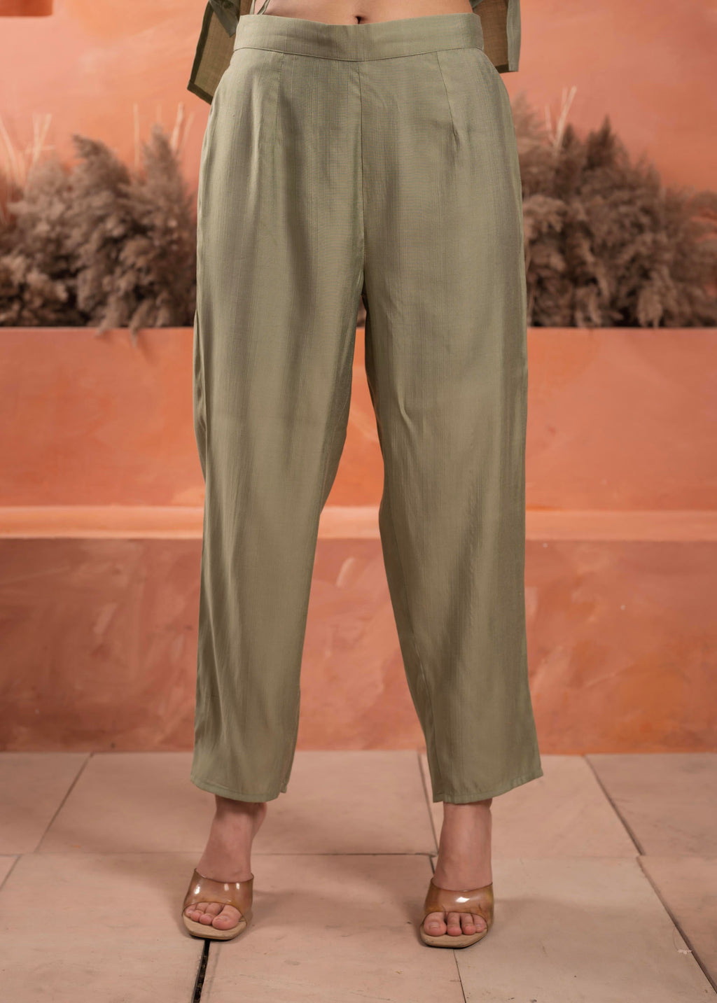 Juniper Olive embroiderd kurta and solid bottom with cotton lace and buttons