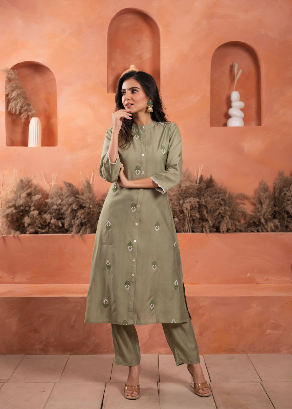 Juniper Olive embroiderd kurta and solid bottom with cotton lace and buttons