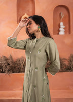 Juniper Olive embroiderd kurta and solid bottom with cotton lace and buttons