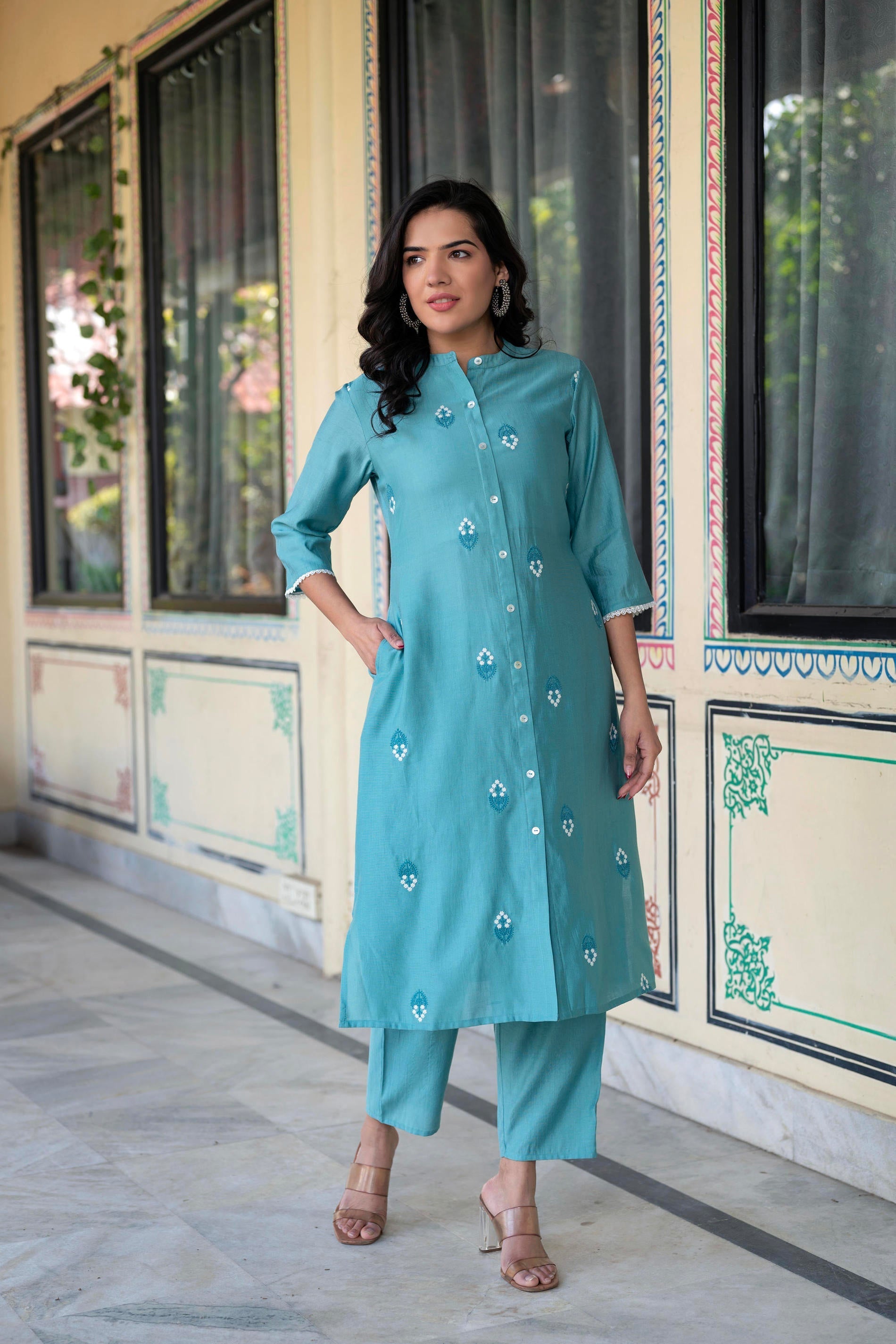 Juniper Turquoise embroiderd kurta and solid bottom with cotton lace - Distacart