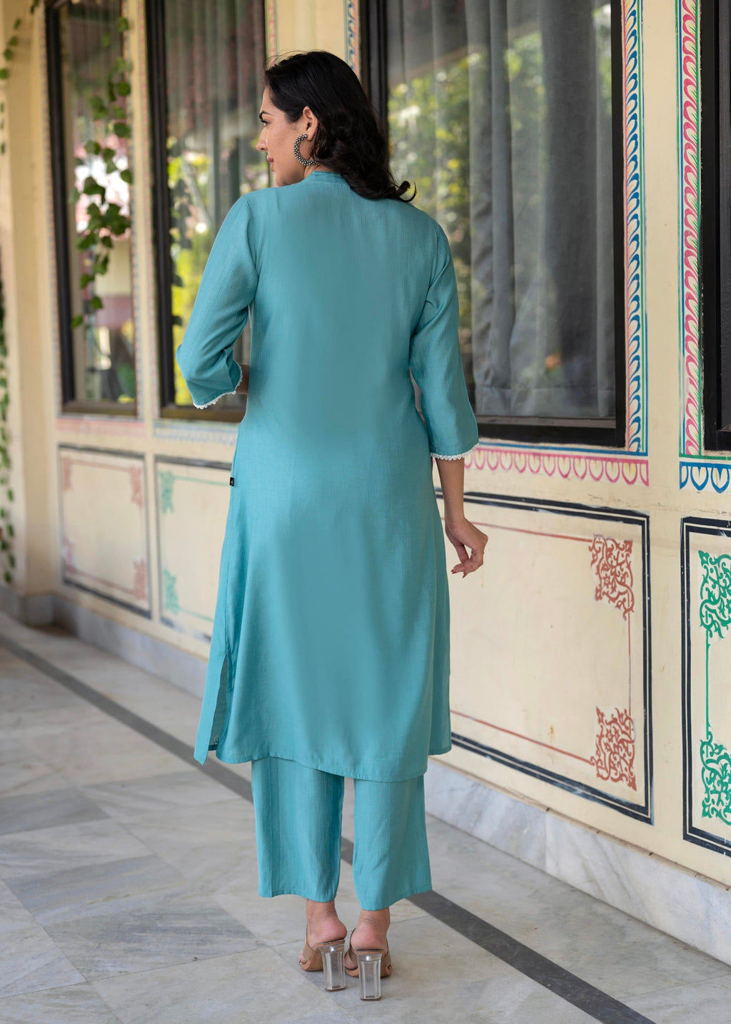 Juniper Turquoise embroiderd kurta and solid bottom with cotton lace - Distacart