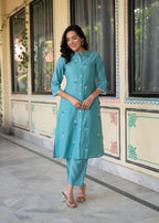 Juniper Turquoise embroiderd kurta and solid bottom with cotton lace - Distacart