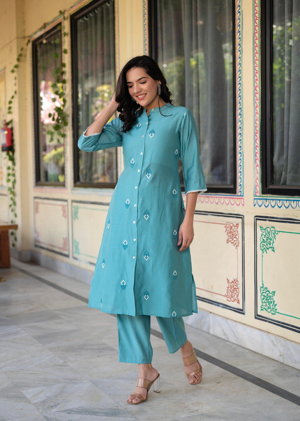Juniper Turquoise embroiderd kurta and solid bottom with cotton lace - Distacart