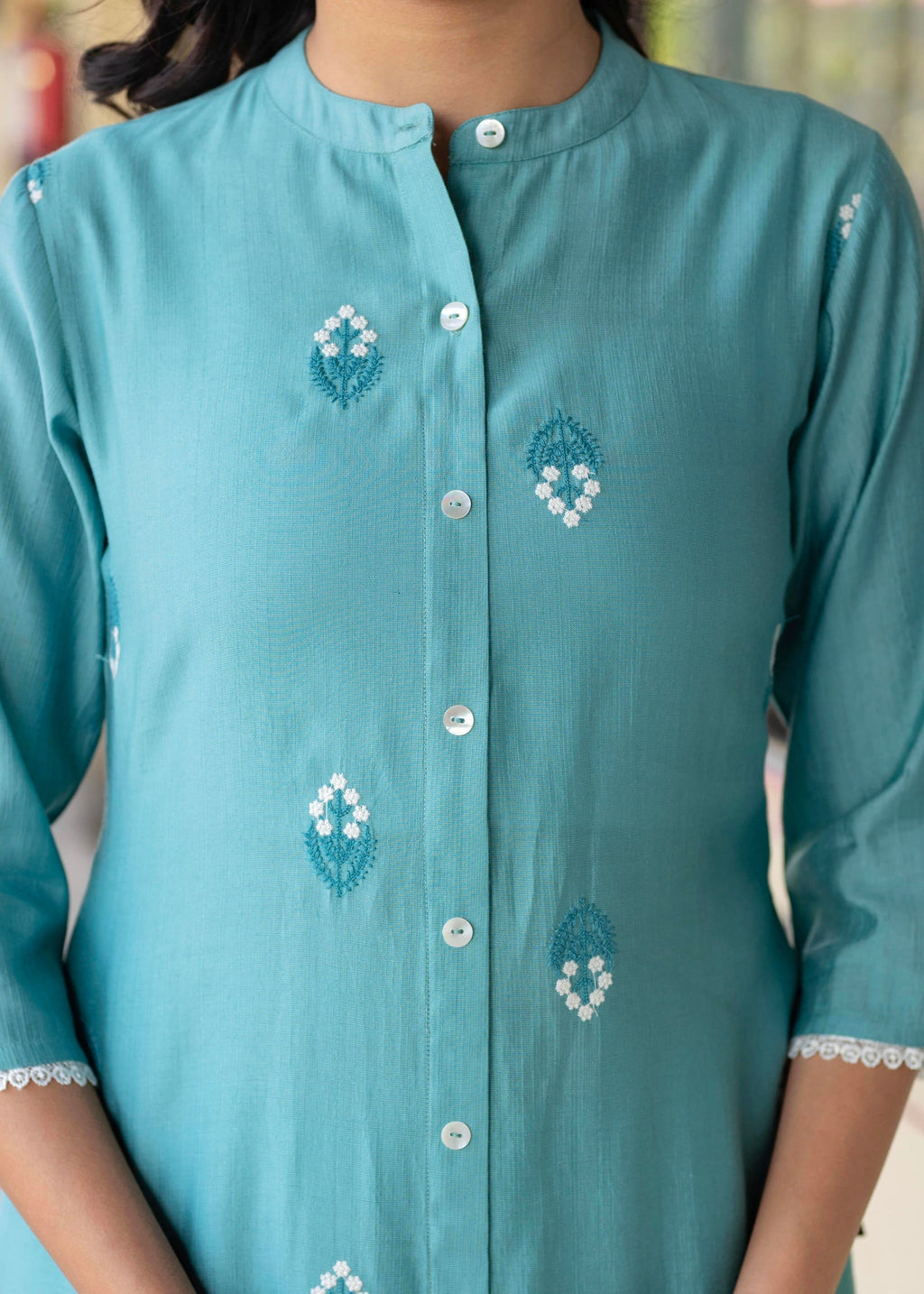 Juniper Turquoise embroiderd kurta and solid bottom with cotton lace - Distacart