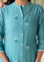 Juniper Turquoise embroiderd kurta and solid bottom with cotton lace - Distacart