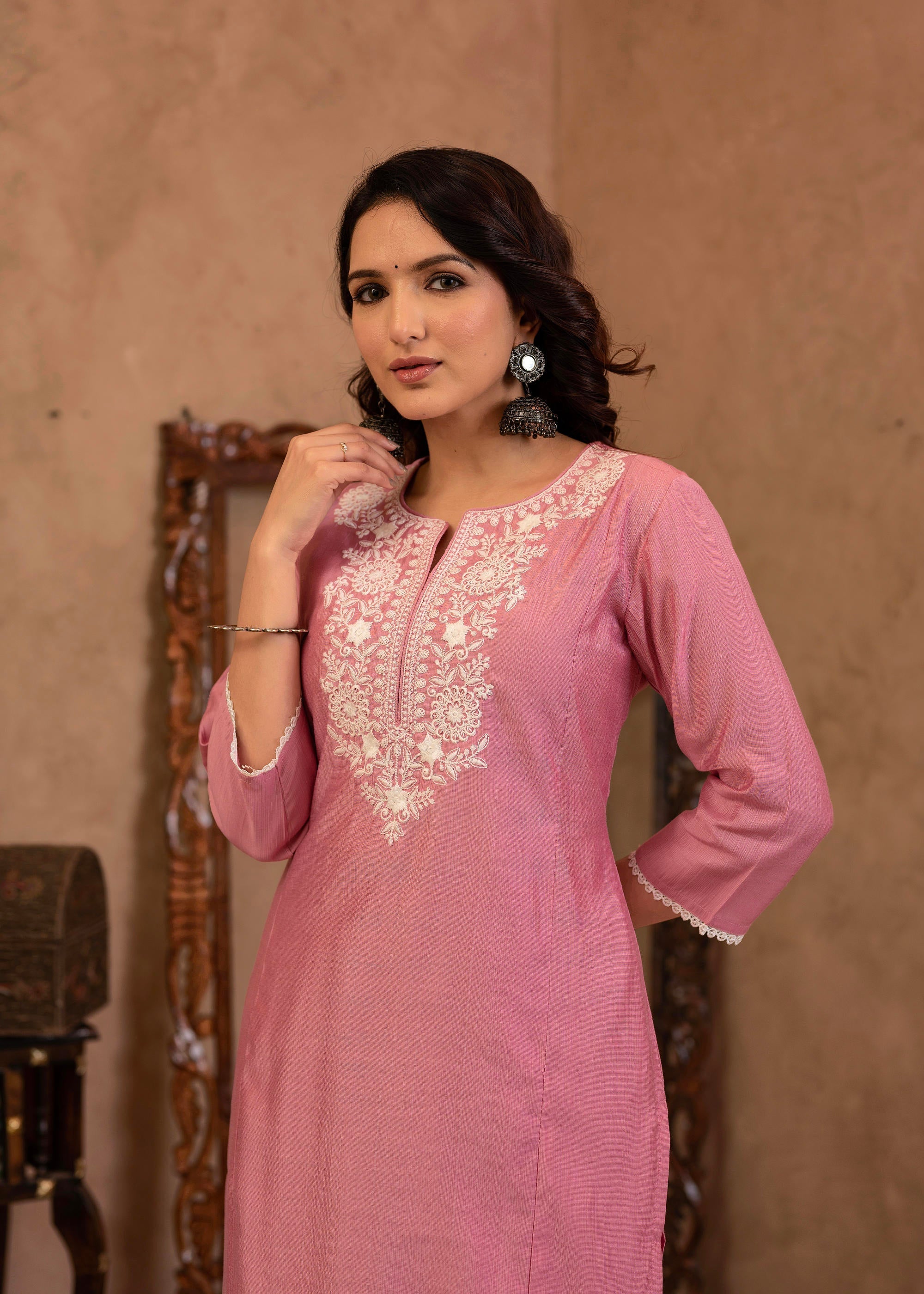 Juniper Pink Embroidered Viscose Kurta-Palazzo Set With Thread Work & Cotton Lace - Distacart