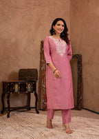 Juniper Pink Embroidered Viscose Kurta-Palazzo Set with Thread Work & Cotton Lace